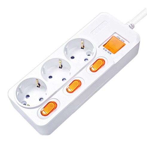 개별스위치 멀티탭 KC인증 접지 과부하차단 2800W 절전 콘센트 3구 멀티탭, 화이트(빨간스위치), 1개, 5m