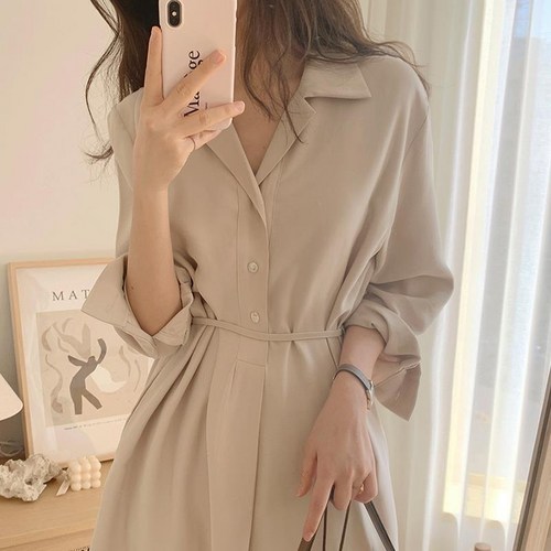 피어니스트 허리끈 카라넥 A라인 롱원피스
