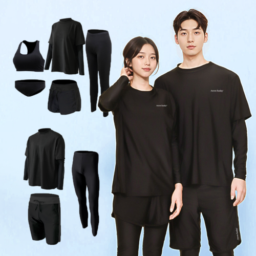 오로라선데이 올블랙 래쉬가드 남녀 루즈핏 빅사이즈 무지 체형커버 비치웨어 남성 3종 여성 5종 세트, 남성(4XL)