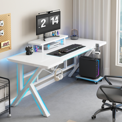 편안홈 K자 다용도 게이밍 컴퓨터 책상 다기능 멀티탭 선반 거치대 포함, 화이트