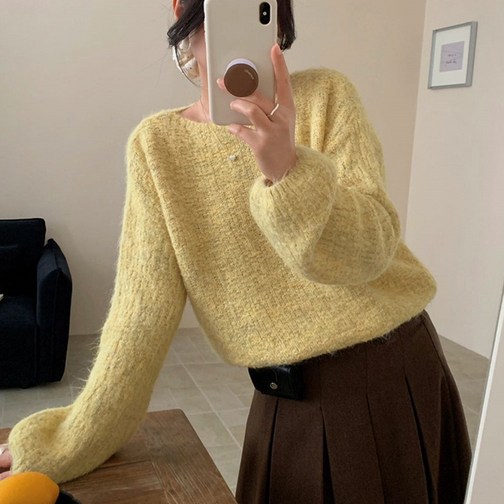 여성용 라운드넥 파스텔 벌룬 니트 루즈핏 스웨터 긴팔 티셔츠