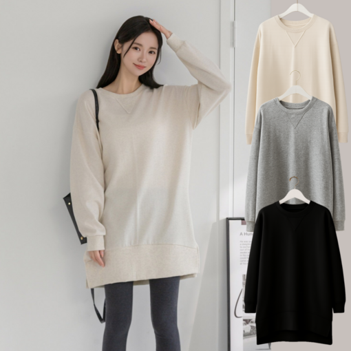 LIONHU 국내제작 루즈핏 트임 맨투맨 원피스 데일리 롱티셔츠 오버핏 편한무지