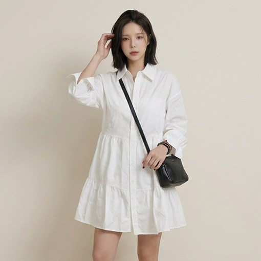 오브나인 긴소매 셔츠 카라 캉캉 미니 원피스 2color델로나