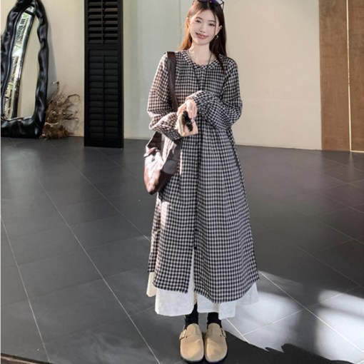 SAHINER 여성 체크 롱원피스 루즈핏 봄가을 데일리룩 AQZ42