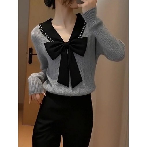 E414리본 배색 니트