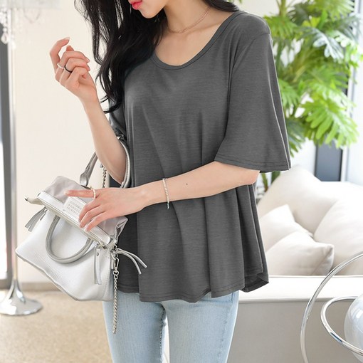 데일리앤 하늘하늘 무지 훌 플레어 반팔 티셔츠