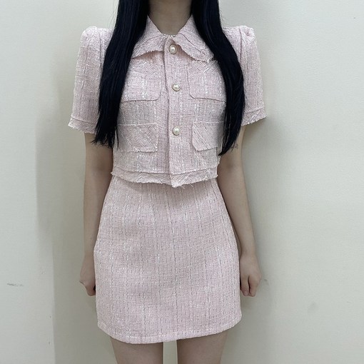 바나나2 여성 데일리 심플 캐주얼 반팔 트위드 자켓 스커트 투피스 세트