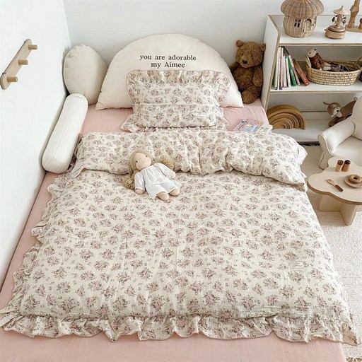 AOJIM 고양이 패턴이 있는 귀여운 아동용 모슬린 이불 커버, 100 면 유아용 커버 1피스 119.1 x 149cm47 59인치, 러플 디자인 2중 레이어 거즈 아기 침대