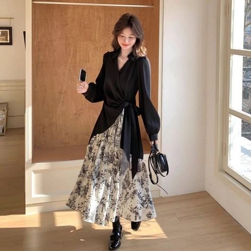 여성 봄 가을 긴팔 롱 원피스 빅사이즈 루즈핏 우아한 롱 원피스 데일리룩