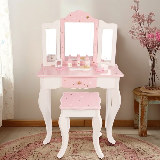 WoodenFun 어린이 우드 화장대 의자 세트 유아 공주 놀이 장난감 역할놀이, 핑크