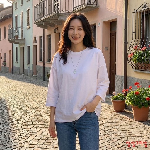 상상그이상 여성용 국내제작 박스 7부 부드러운 슬라브원단 루즈핏 라운드넥 무지 티셔츠 레이어드 이너티