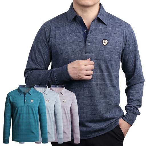 잔피엘 국내산 중장년 남성용 봄 신상 면혼방 체크 Y 카라 긴팔티셔츠 아빠옷