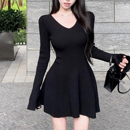 cammello 브이넥 슬림핏 골지 플레어 미니원피스 긴팔 A라인 드레스 하객룩