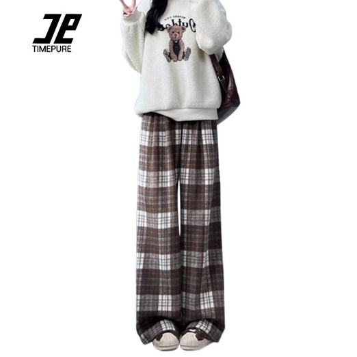 TIMEPURE 가을겨울 체크무늬 와이드팬츠 클래식 체크 바지