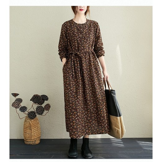 여성 빅사이즈 봄 가을 루즈핏 긴팔 면마 잔플라워 롱원피스