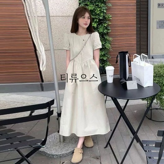 티류으스 여성 여름 반팔 롱 원피스 플레어핏 키작녀용 바캉스룩 드레스