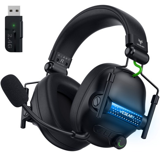 WESEARY 무선 게이밍 헤드셋 WG2 2.4G 저지연 3D 사운드 노이즈 캔슬링 마이크, 올블랙