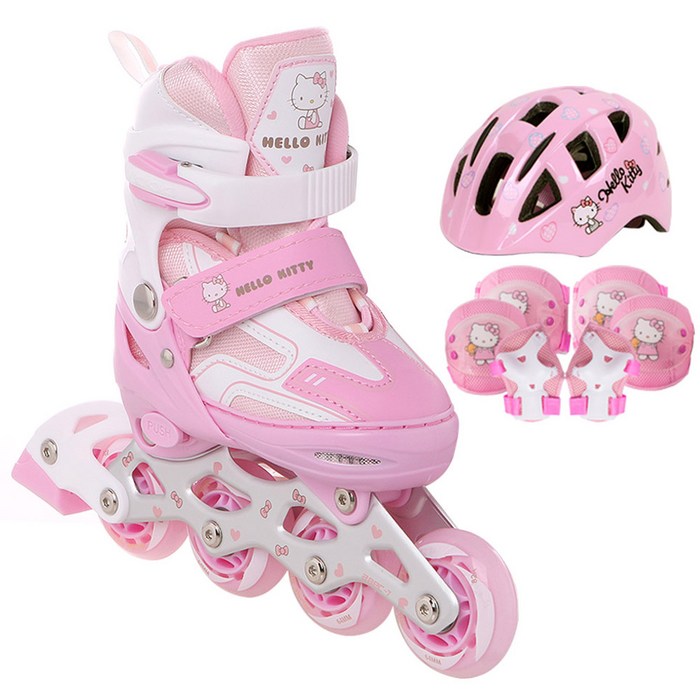 랜드웨이 헬로키티 아동용 인라인스케이트  헬멧  보호대 세트, 핑크
