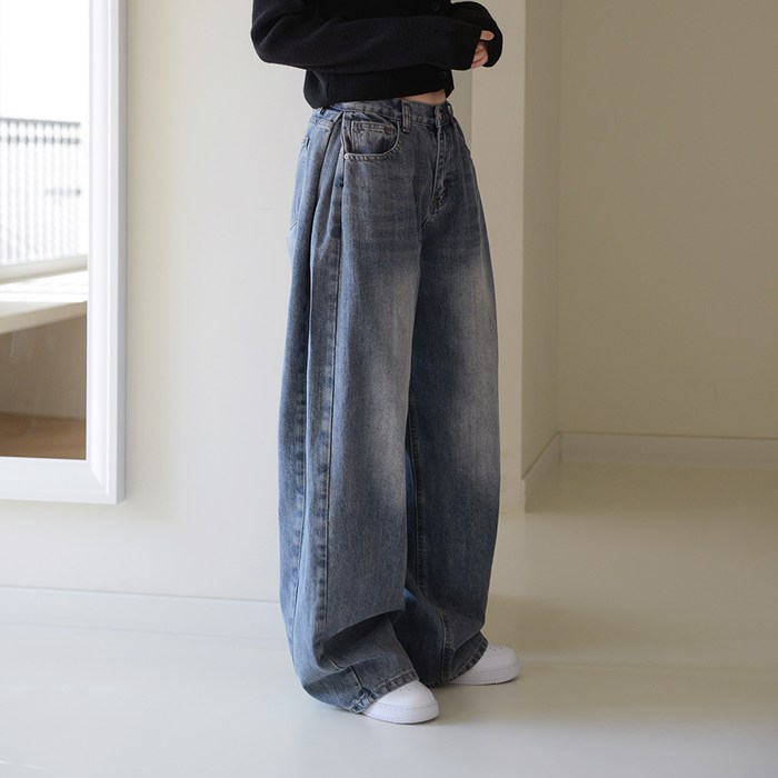 수비진 여성용 롱숏 기장 빈티지 사이드폴딩 롱 와이드 청바지 SP73241