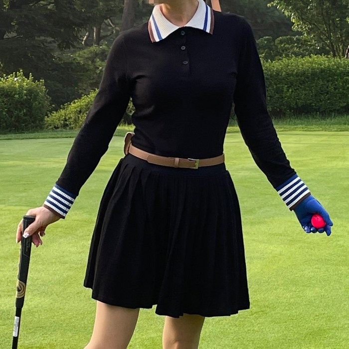 여성골프 원피스 스트라이프 PK 카라 주름 플리츠 원피스 라운딩 연습장 로즈코코샵