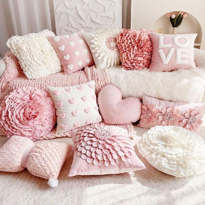 북유럽 플라워 쿠션 패브릭 사각쿠션 원형 인테리어 소파쿠션, N.핑크하트