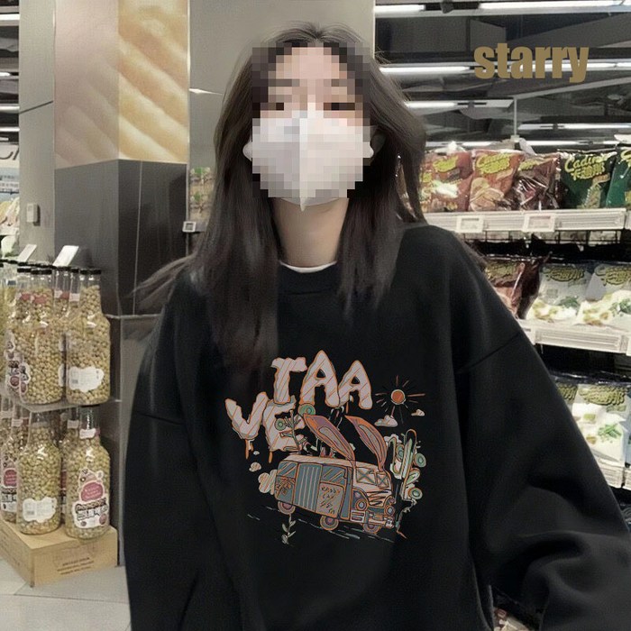 starry 여성 빈티지 프린팅 맨투맨 루즈핏 라운드넥 긴발 맨투맨오버핏 캐릭터 빅사이즈 데일리 티셔츠