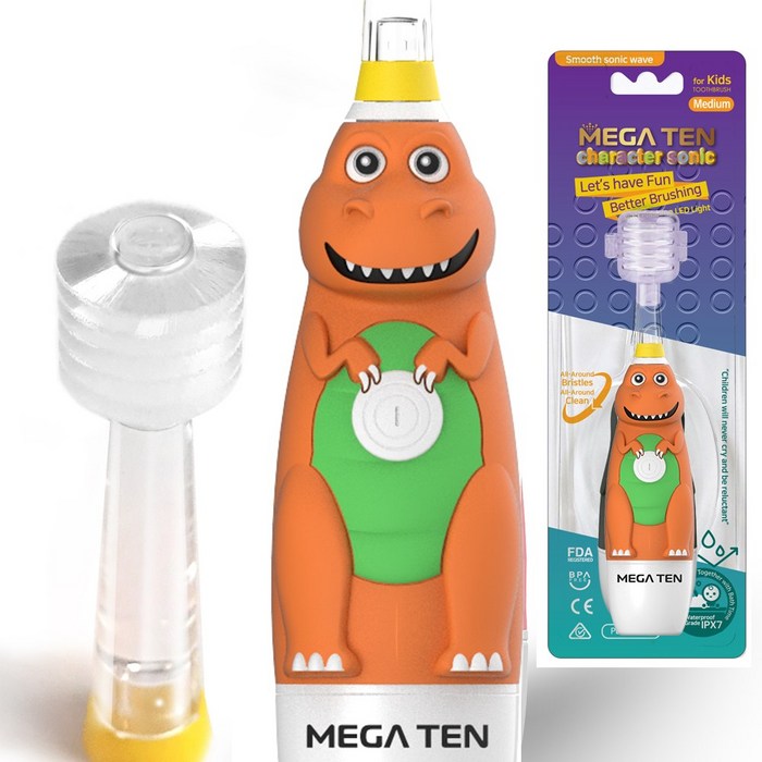 메가텐 공룡 캐릭터소닉 360도칫솔모 어린이용 부드러운 음파전동칫솔 싱글팩헤드켑 소프트 미디엄 리필 4P 별도옵션