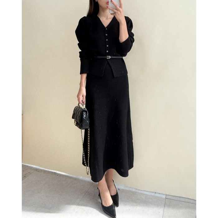 set상품 도툼 울 브이넥 루즈핏 가디건 밴딩 롱 스커트 투피스 세트 3color 겨울 하객룩 오피스룩