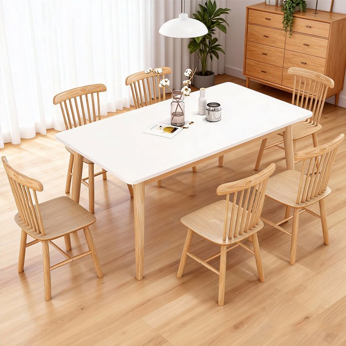 New World 식탁 심플 4인 원목 식탁 다인용 롱 테이블 다용도 가정 주방120cm ZZBM, 화이트, 4인용