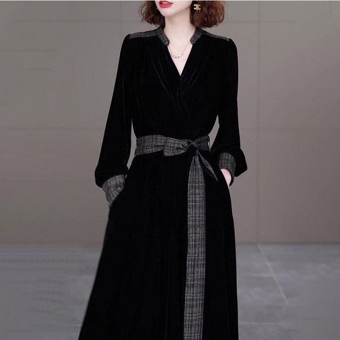 FANSYLI 봄가을 신상 벨벳원피스 트렌디 롱 브이넥 슬림원피스 여성 겨울 통근원피스 고급 하객룩 원피스 X2408A8