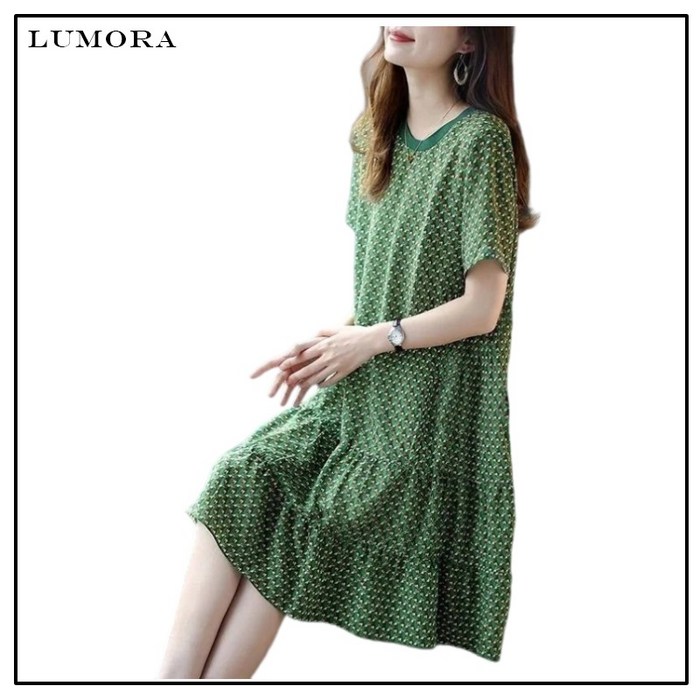 LUMORA 여성 미디 원피스 반팔 여름 라운드 쉬폰 주름 루즈핏 패션 프린트 X259Z