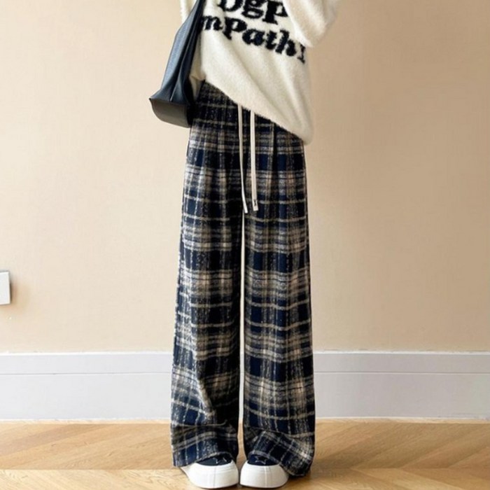 스토리원 WMFWBT060 여성 플리스 체크 와이드 팬츠
