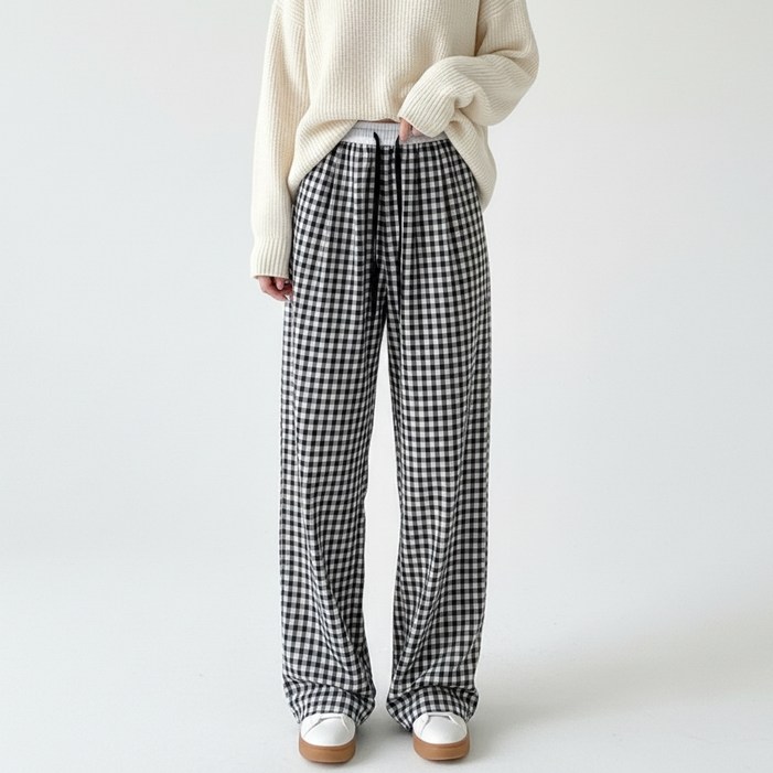 마켓피아 여성용 격자 체크 와이드 밴딩 팬츠