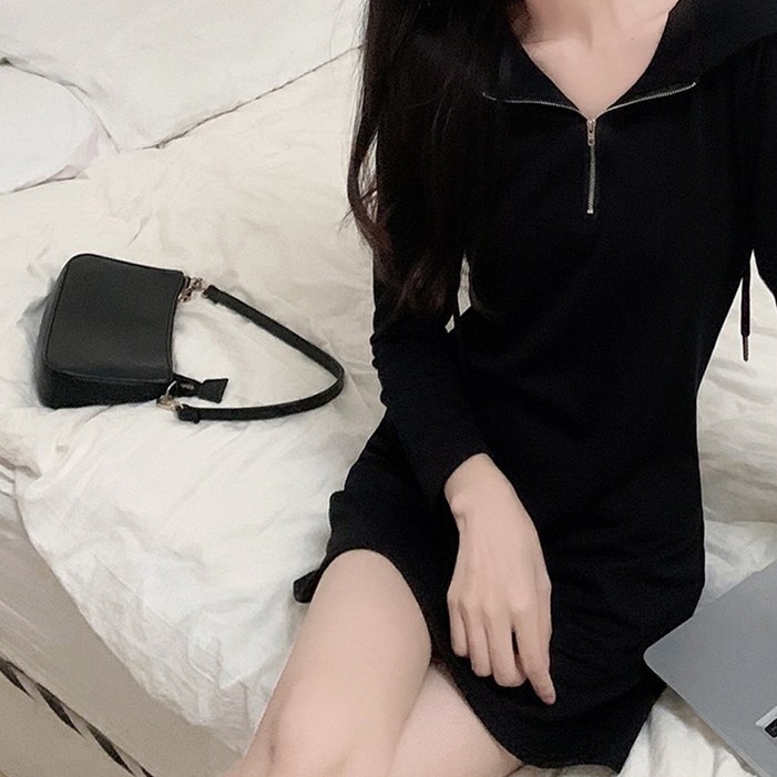 더시럽 여성용 꾸안꾸 심플 미니 A라인 후드 원피스