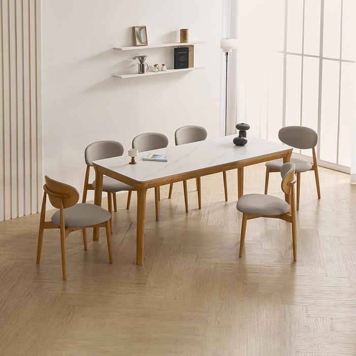 라로퍼니처 보나 1900 포세린 통 세라믹 원목 식탁  의자 6p 세트 6인용 방문설치, 화이트상판, 내추럴원목, 일반의자 6