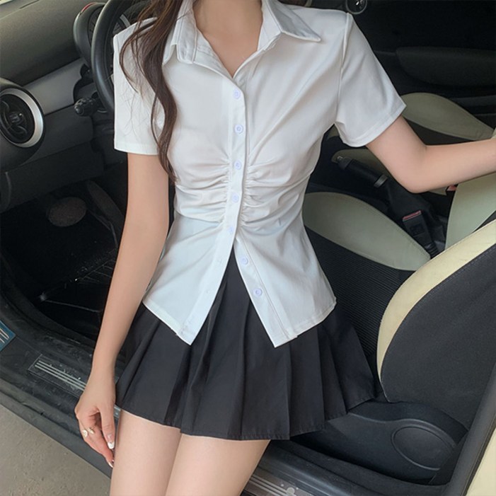 여성용 블랙101 제그 셔링 슬림 셔츠 B235WF00938