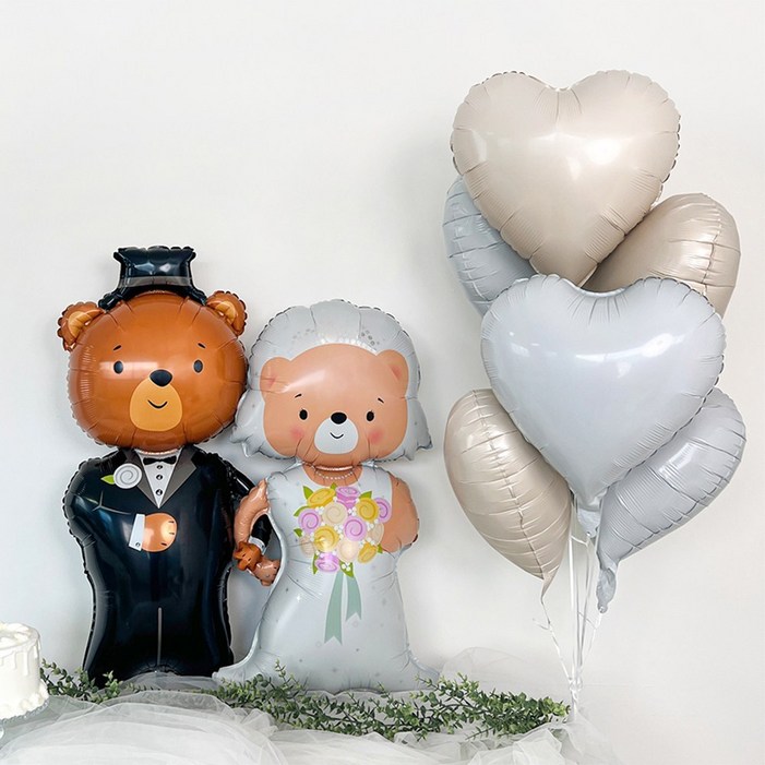 파티아일랜드 곰돌이 신랑 신부 하트 호일 풍선 세트, 크림하트풍선  화이트하트풍선, 1세트