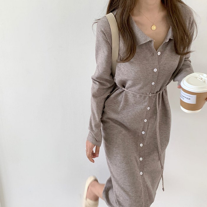 앤드스타일 여성용 라디 카라넥 스트링 긴팔 니트 롱 원피스 264193