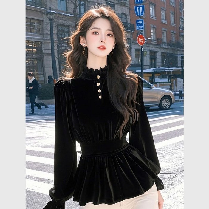녕동 여성 긴팔 벨벳 블라우스 슬림 허리 조임 퍼프 셔츠 가을겨울