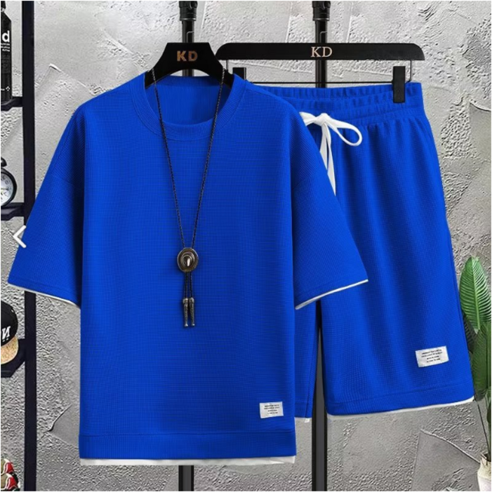 오스틱니 여름 남자 반팔 반바지 세트 와플 오버핏 5부 반팔 반바지 트레이닝 세트 빅사이즈남성의류 츄리닝세트 운동복세트