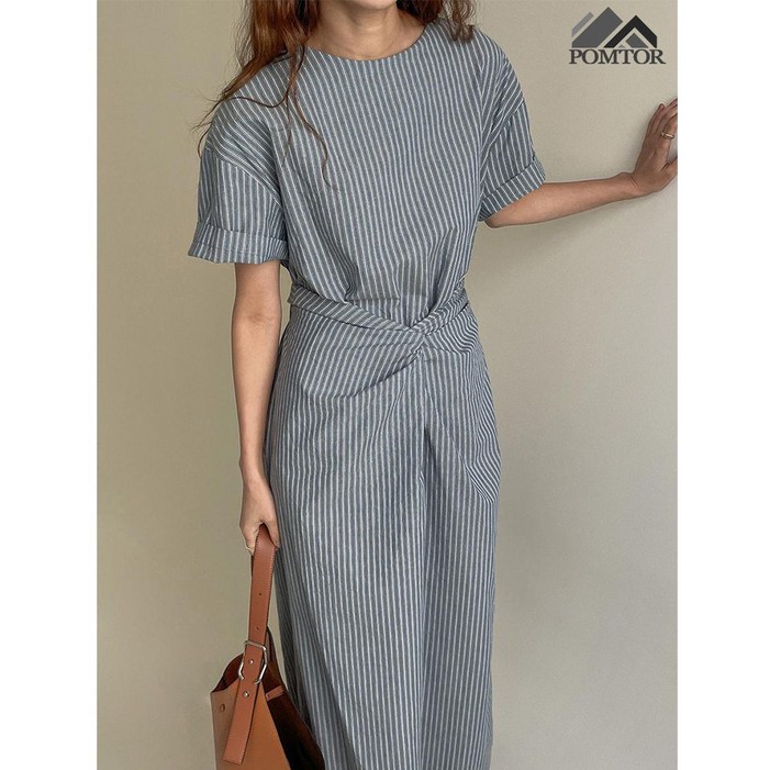 POMTOR 여름 여성  슬림  루즈핏 셔츠 스트라이프 롱원피스
