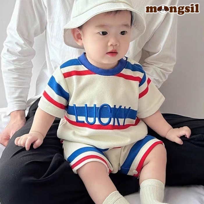 몽실이 럭키 스트라이프 반팔우주복 컬러라인 아기 여름 외출복 바디슈트 몽실이 럭키 스트라이프 반팔우주복 컬러라인 아기 여름 외출복 바디슈트