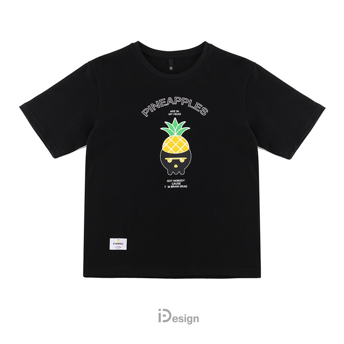 CATCHDEE 오리지널 디자인 성격 유럽과 미국의 만화 스켈레톤 파인애플 타이드 코튼 블랙 반팔 티셔츠 남성
