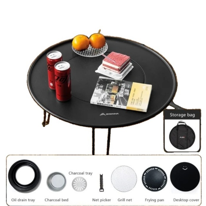 BSWolf 접이식 바베큐 원형 테이블 60cm 숯불그릴 접이식 캠핑 BBQ 테이블 포터블 야외 그릴, 블랙, 1개