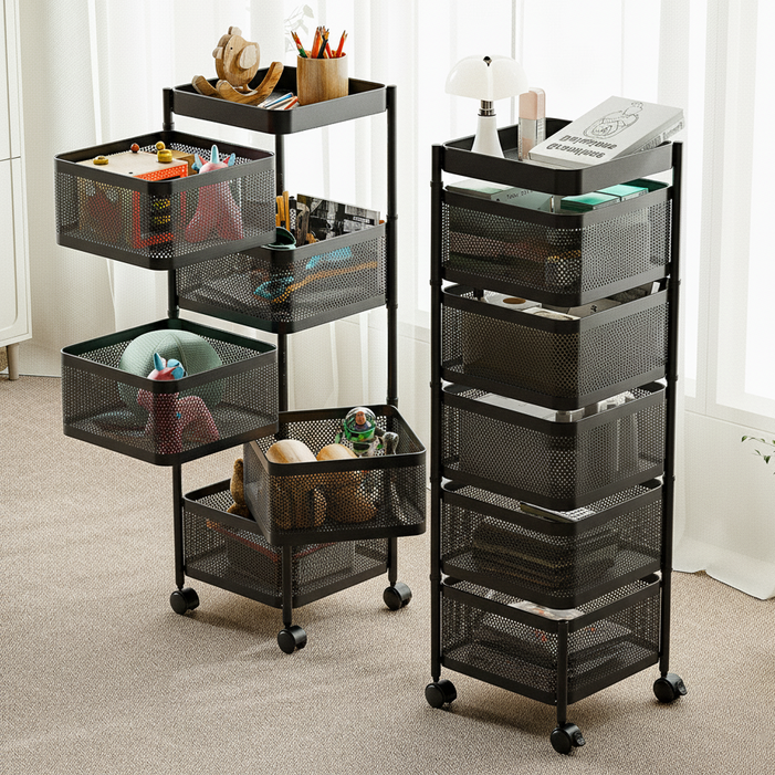 라즈웰 이동식 트롤리 수납함 회전 철제 수납장, 블랙, 5단