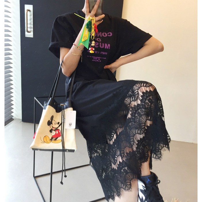머랭 레터링 레이스 라운드 반팔 롱 원피스 2color