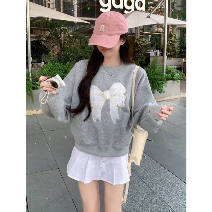 해피유통 가을 맨투맨 여자 루즈핏 자수 리본 긴팔 라운드  상의 LWJ