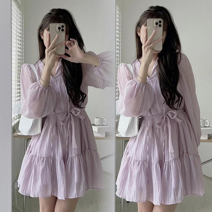 Asure 여름 가을 원피스 쉬폰 원피스 휴양지 원피스 주름 원피스