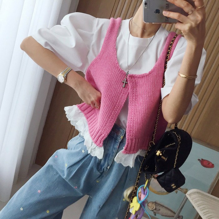 요미 오픈클로징 배색 레이스 레이어드 크롭 니트조끼 뷔스티에 4color