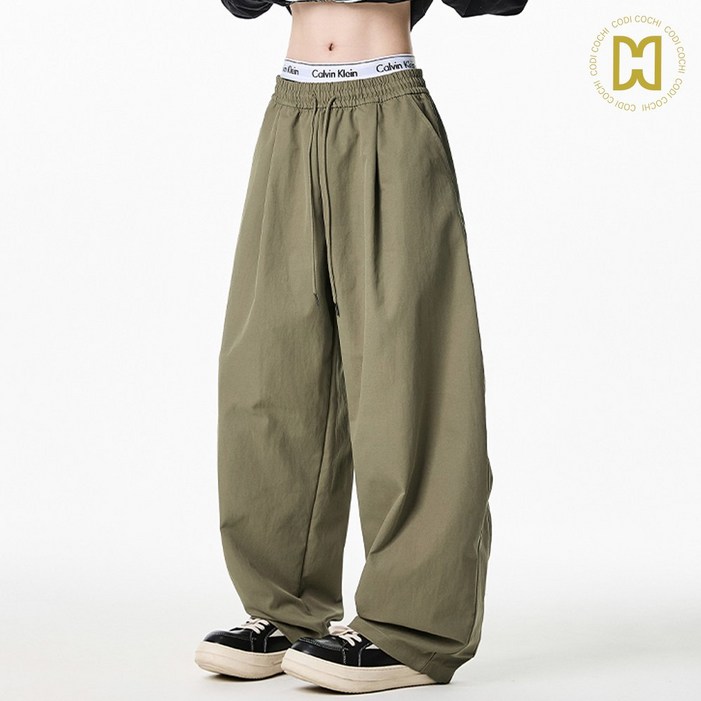 코디코치 옆핀 팬츠 남여공용 유니크 와이드 피트 턱 카고 밴딩 바지